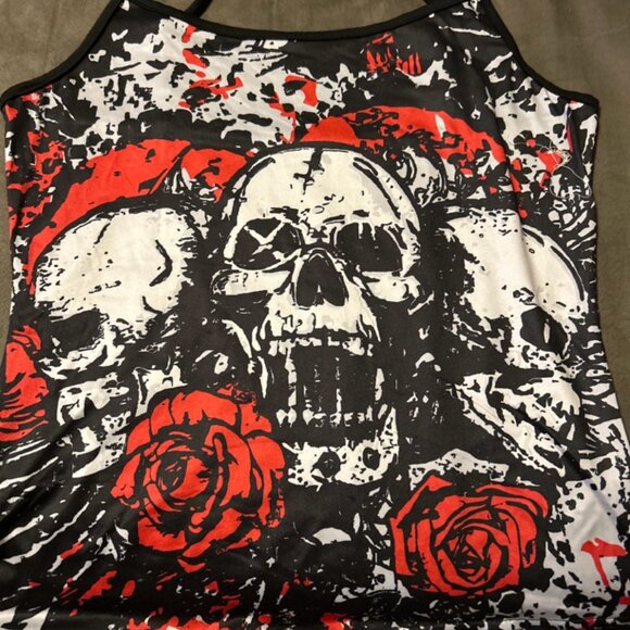 Skull Roses Print Black Red Skater Grunge Emo Goth Spaghetti Strap Large or Med - Picture 2 of 9